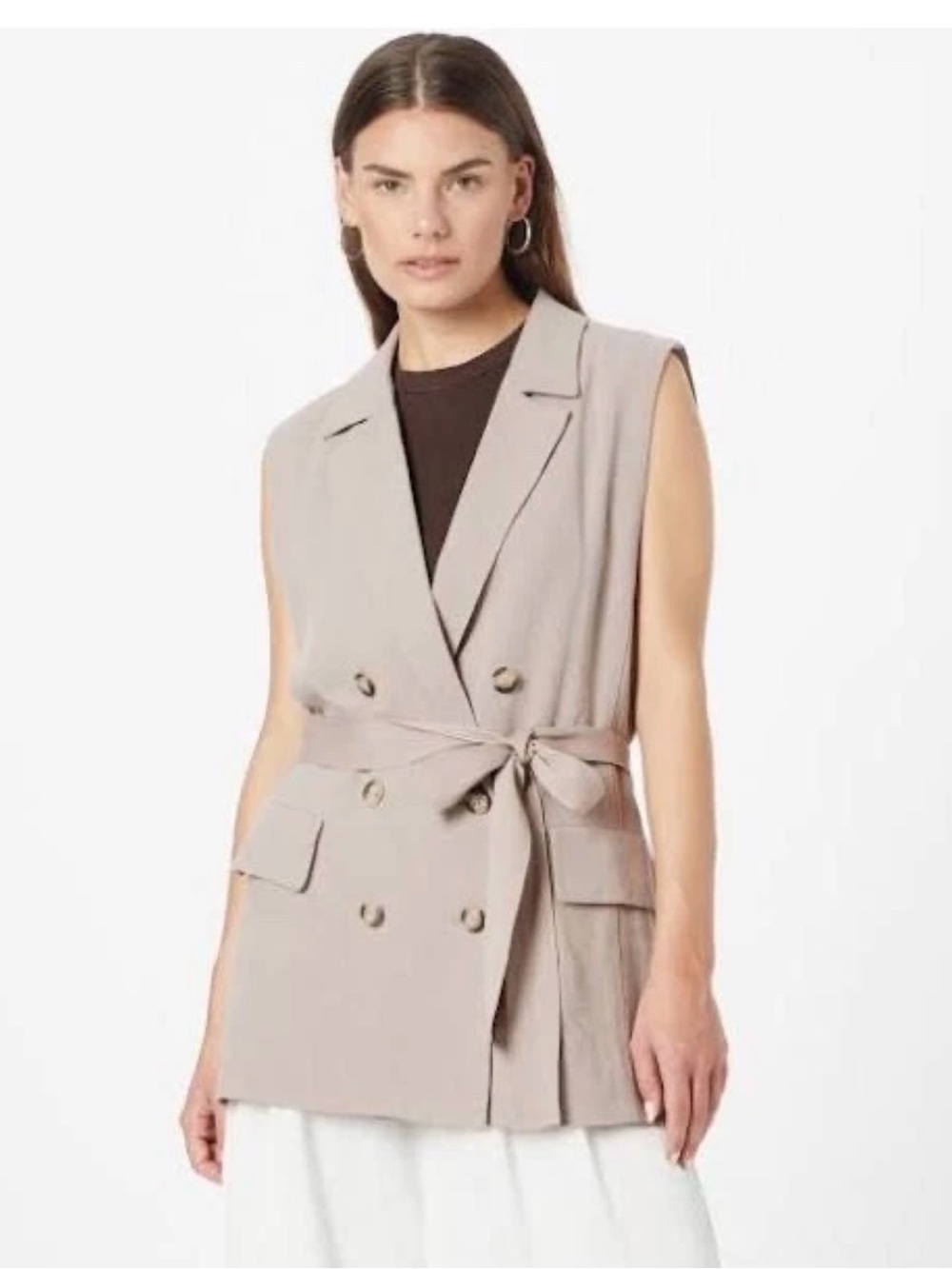 Free People Sleeveless Double-Breasted Tie-Waist Vest Jacket - Taupe